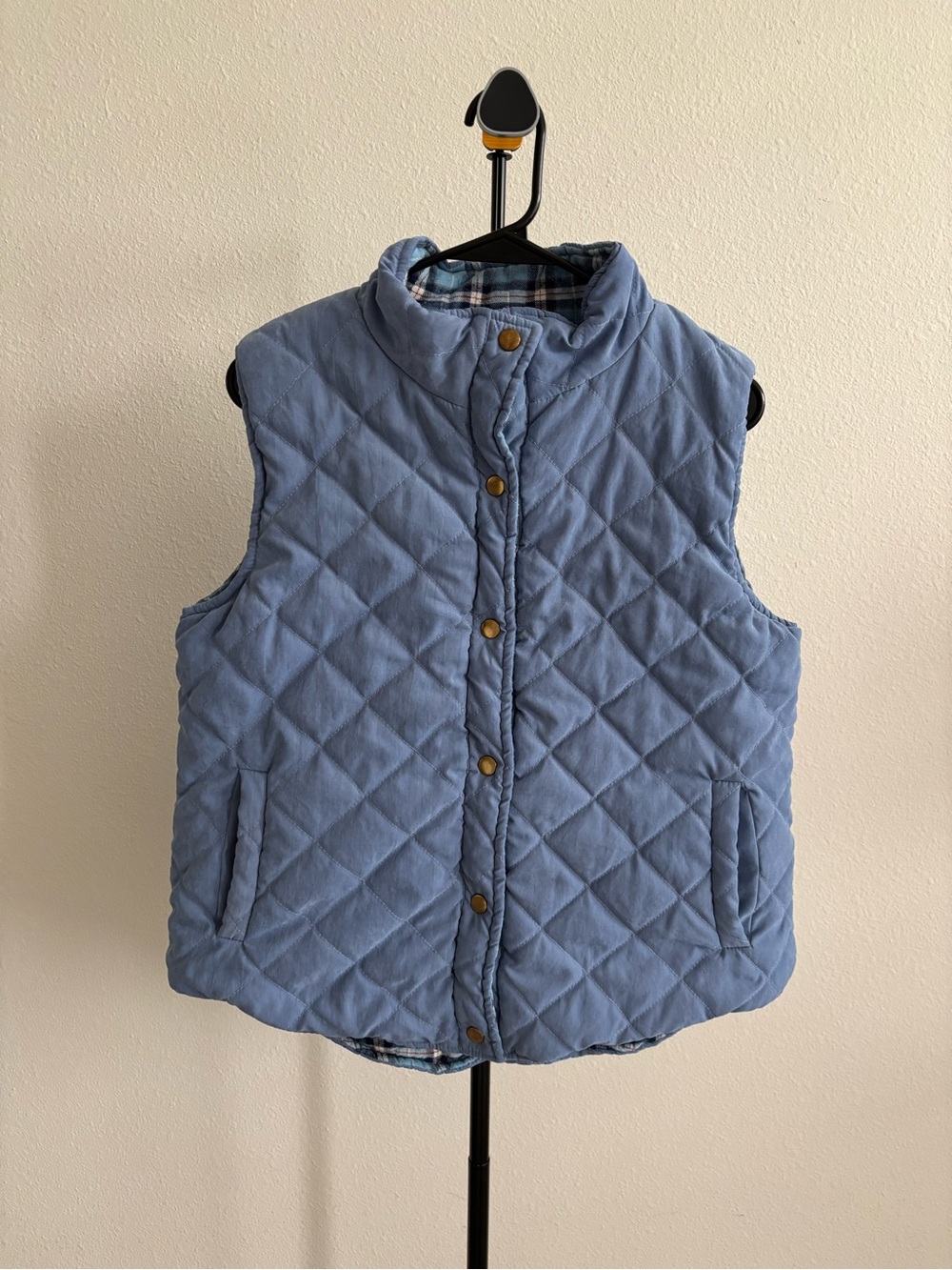 Reversible Quilted Puffer Vest Plaid Flannel Dusty Blue Snap Front Women’s M